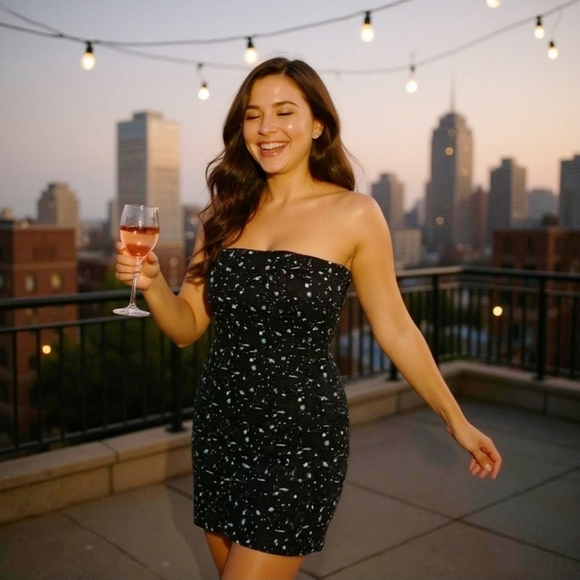 BCBGGeneration Strapless Galaxy Print Dress – Butterfly Front – Size 8 – NWOT - Picture 1 of 11